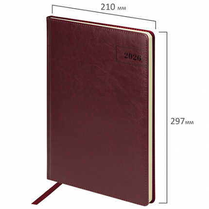 Ежедневник датированный 2026 БОЛЬШОЙ ФОРМАТ 210х297 мм, А4, BRAUBERG "Imperial", под кожу, бордо, 117248