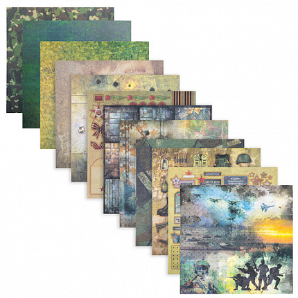 Бумага для скрапбукинга 30х30 см "Милитари", двусторонняя, 12 листов, 180 г/м2, ОСТРОВ СОКРОВИЩ, 665436