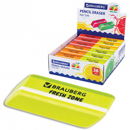 Ластик большой BRAUBERG "Fresh Zone", 60х18х12 мм, цвет ассорти, прямоугольный, скошенный, 228717