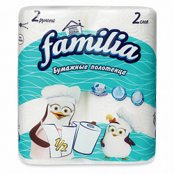 Полотенца бумажные бытовые, спайка 2 шт., 2-слойные (2х12 м), FAMILIA, 22,7x12 см, белые, 5083815