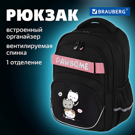 Рюкзак BRAUBERG MOTION, 2 отделения, 3 кармана, "Башня из котиков", 41х28х17 см, 272033