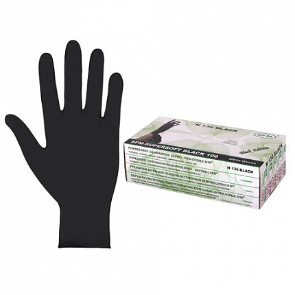 Перчатки нитриловые смотровые SFM Supersoft N136, Германия, 100 пар (200 штук), размер 6-7, S (малый), черные
