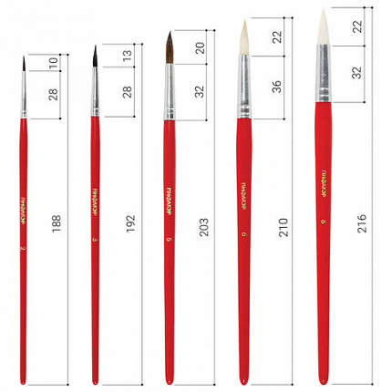 Кисти ПИФАГОР, набор 5 шт. (БЕЛКА: круглая № 3; КОЗА: круглые № 6, 8; ПОНИ: круглые № 2, 5), пакет с европодвесом, 200231