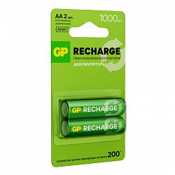 Батарейки аккумуляторные GP ReCharge Ni-Mh пальчиковые КОМПЛЕКТ 2 шт., АА (HR6) 1000 mAh, 100AAHCV, 100AAHCV-2CRSB