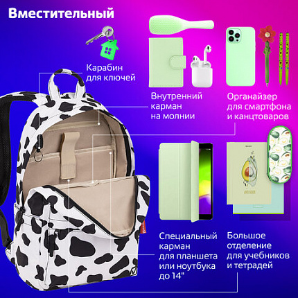Рюкзак BRAUBERG DREAM универсальный с карманом для ноутбука, эргономичный, "Animal", 42х26х14 см, 271678