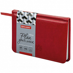 Еженедельник датированный 2026, МАЛЫЙ ФОРМАТ 95х155 мм, А6, BRAUBERG "Rainbow", под кожу, красный, 117190