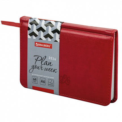 Еженедельник датированный 2026, МАЛЫЙ ФОРМАТ 95х155 мм, А6, BRAUBERG "Rainbow", под кожу, красный, 117190