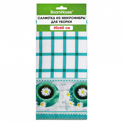 Салфетка из МИКРОФИБРЫ универсальная, 40х60 см, бирюзовая клетка, орнамент, 240 г/м2, BOOMHOUSE (БУМХАУС), 700879