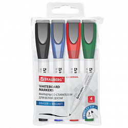 Маркеры стираемые на магните со стирателем для белой доски, 4 ЦВЕТА, BRAUBERG "UNIVERSAL", 3 мм, 152491
