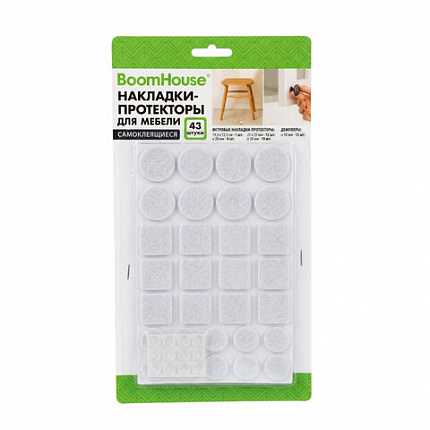 Накладки-протекторы для мебели самоклеящиеся НАБОР 43 предмета, белые, BoomHouse, 701828