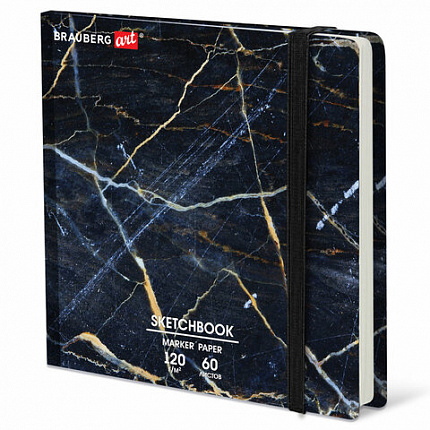 Скетчбук для маркеров 120 г/м2, 195х195 мм, 60 л., твердая обложка, резинка, BRAUBERG ART PREMIERE, "Мрамор", 115105