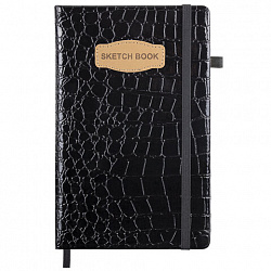 Скетчбук, слоновая кость 140 г/м2, 130х210 мм, 80 л., КОЖЗАМ, резинка, BRAUBERG ART CLASSIC, CROCO, черный, 116470