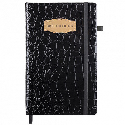 Скетчбук, слоновая кость 140 г/м2, 130х210 мм, 80 л., КОЖЗАМ, резинка, BRAUBERG ART CLASSIC, CROCO, черный, 116470