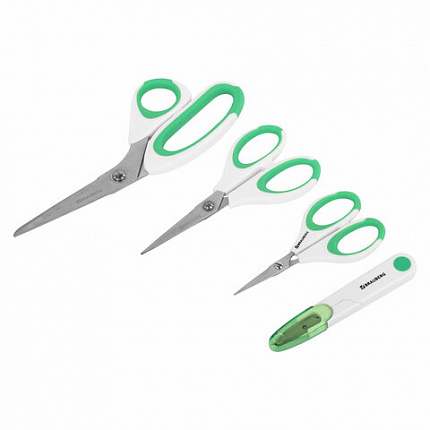 Ножницы BRAUBERG "MAXI" КОМПЛЕКТ 4 шт.: 115, 145, 205 мм + сниппер (для ниток), бело-зеленые ручки, 272982