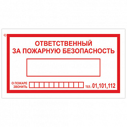 Знак вспомогательный "Ответственный за пожарную безопасность", 250х140 мм, пленка самоклеящаяся, 610049/В43