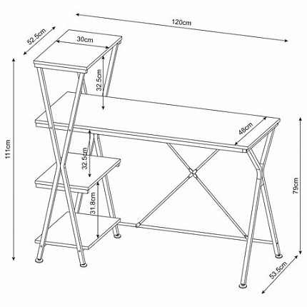 Стол на металлокаркасе BRABIX "LOFT CD-004", 1200х535х1110 мм, 3 полки, цвет морёный дуб, 641218