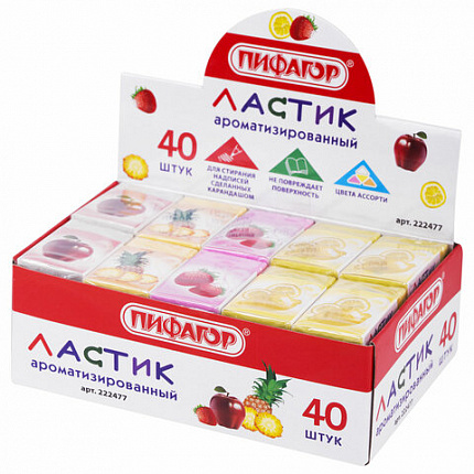 Ластик ПИФАГОР "Фрукты", 35х21х9 мм, ароматизированный, ассорти, картонный держатель, 222477