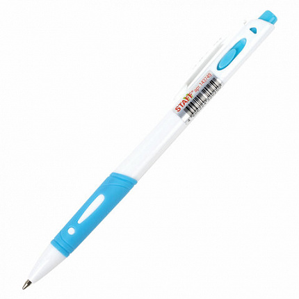 Ручка шариковая автоматическая с грипом STAFF "BP-16 White", СИНЯЯ, ассорти, линия письма 0,35 мм, 143749