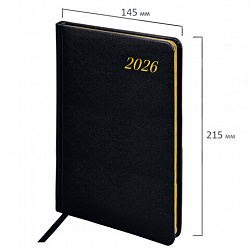 Еженедельник датированный 2026, А5, 145х215 мм, BRAUBERG "Iguana", под кожу, черный, 117171