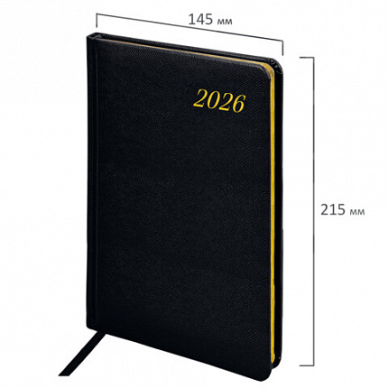 Еженедельник датированный 2026, А5, 145х215 мм, BRAUBERG "Iguana", под кожу, черный, 117171
