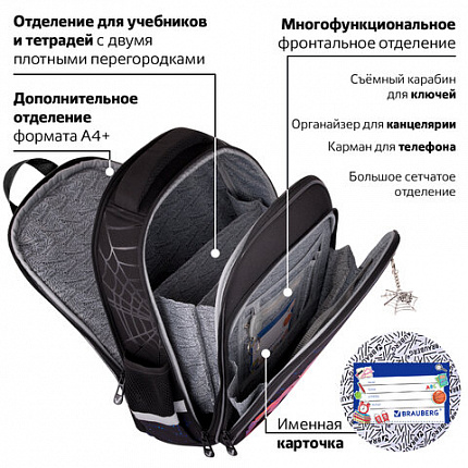 Ранец BRAUBERG QUADRO, 3 отделения, с брелком, Fire spider, 37х28х18 см, 273106
