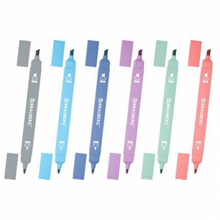 Набор текстовыделителей двусторонних 6 ПАСТЕЛЬНЫХ ЦВЕТОВ, BRAUBERG "Macaroon", линия 1-5 мм, 152513