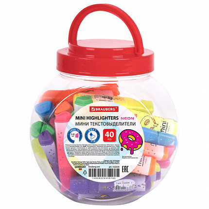 Текстовыделитель мини с принтами BRAUBERG "NEON", АССОРТИ В ПЛАСТИКОВОЙ БАНКЕ, 1-5 мм, 152535