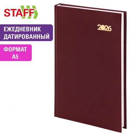Ежедневник датированный 2026 145х215 мм, А5, STAFF, обложка бумвинил, бордовый, 117306