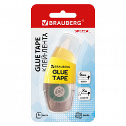 Клей-лента BRAUBERG SPECIAL, 6 мм х 8 м, корпус жёлтый, блистер, 273028
