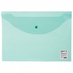 Папка-конверт с кнопкой STAFF, А4, до 100 листов, прозрачная, зеленая, 0,12 мм, 225171