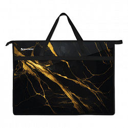 Папка для рисунков и чертежей с ручками BRAUBERG А3, пластик, молния сверху, "Black&gold marble", 272232