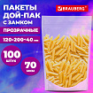Пакеты дой-пак с замком ZIP LOCK, прозрачные, 120х200 + 40 мм, КОМПЛЕКТ 100 штук, 70 мкм, BRAUBERG, 700696