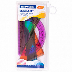 Набор чертежный малый BRAUBERG "FRUITY" (линейка 15 см, 2 треугольника, транспортир), пенал, 210770