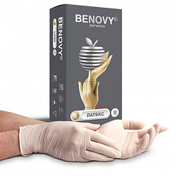 Перчатки латексные смотровые 50 пар (100 штук), размер 6-7, S (малый), бежевые, BENOVY Latex Chlorinated