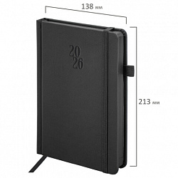 Ежедневник датированный 2026, А5, 138х213 мм, BRAUBERG "Plain", под кожу, резинка, держатель для ручки, черный, 117505
