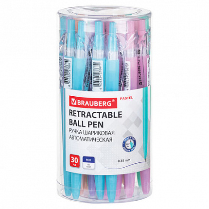 Ручка шариковая автоматическая BRAUBERG "PASTEL", СИНЯЯ, корпус ассорти, 0,7 мм, линия письма 0,35 мм, 143456