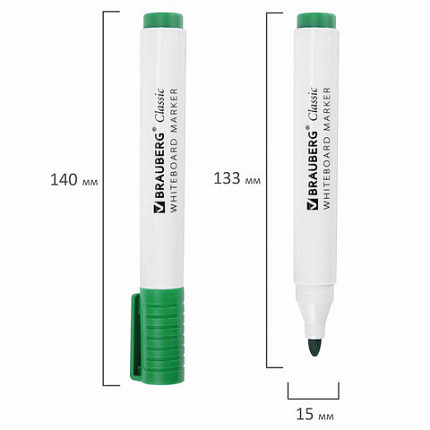 Маркер стираемый для белой доски ЗЕЛЕНЫЙ, BRAUBERG "CLASSIC", 3 мм, с клипом, 152116