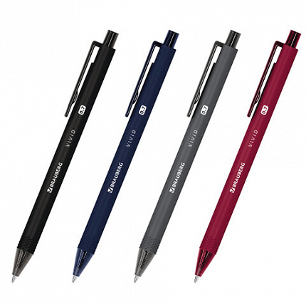 Ручки шариковые автоматические BRAUBERG "VIVID", СИНИЕ, НАБОР 4 ШТУКИ, soft-touch, пишущий узел 0,7 мм, линия письма 0,35 мм, 144409