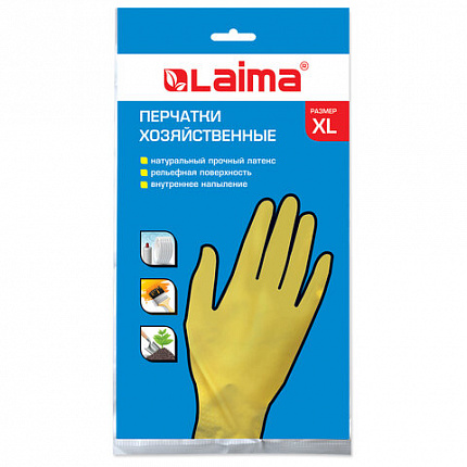 Перчатки МНОГОРАЗОВЫЕ латексные LAIMA "СТАНДАРТ", х/б напыление, ПЛОТНЫЕ, размер 9-10, XL (очень большой), желтые, вес 48 г, 600782