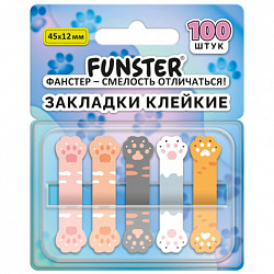Закладки клейкие Z-сложения FUNSTER (ФАНСТЕР) "Лапки котов", 45х12 мм, 100 шт. (5 цветов х 20 листов), в диспенсере, 116691