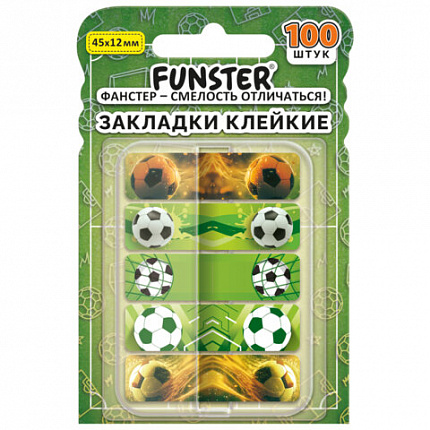 Закладки клейкие Z-сложения FUNSTER (ФАНСТЕР) "Футбол", 45х12 мм, 100 шт., (5 цветов х 20 листов), в диспенсере, 116698