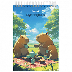 Скетчбук, белая бумага 100 г/м2, 140х201 мм, 60 л., гребень, жёсткая подложка, FUNSTER (ФАНСТЕР), АССОРТИ Funny pets, 116903
