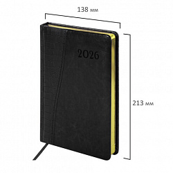 Ежедневник датированный 2026, А5, 138x213 мм, BRAUBERG "Cayman", под кожу, черный, 117047