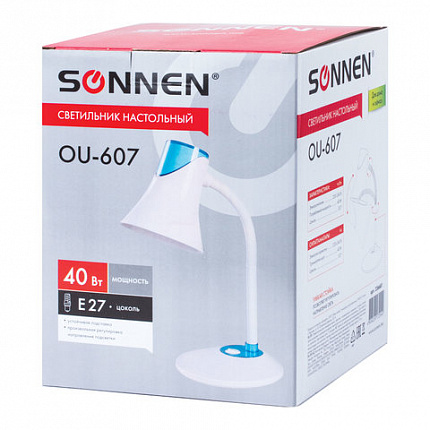 Настольная лампа / светильник SONNEN OU-607, на подставке, цоколь Е27, белый/синий, 236681