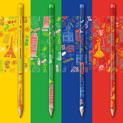 Карандаш чернографитный BRAUBERG "AROUND THE WORLD", 1 шт., HB, с ластиком, корпус ассорти, 181747