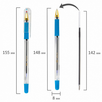 Ручки шариковые с грипом BRAUBERG "X-ONE", НАБОР 10 ШТУК, СИНИЕ, корпус прозрачный, узел 0,5 мм, линия письма 0,35 мм, 143990
