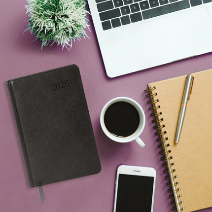 Ежедневник датированный 2026, А5, 138х213 мм, BRAUBERG "Impression", под кожу, серый, 117513