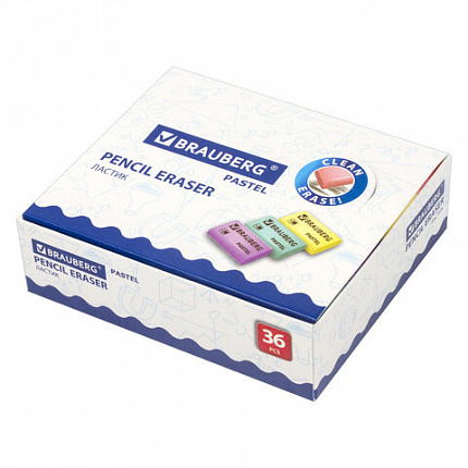 Ластик BRAUBERG "Pastel", 37х24х11мм, ассорти пастельных цветов, экологичный ПВХ, 229582