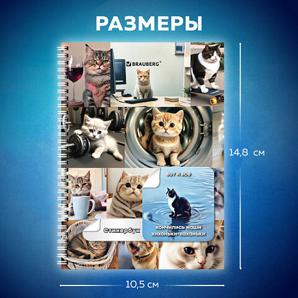Стикербук ПРОСТО НАКЛЕЙ А6, 16 листов, 96 цветных стикеров, на гребне, BRAUBERG, "Коты мемы", 666050