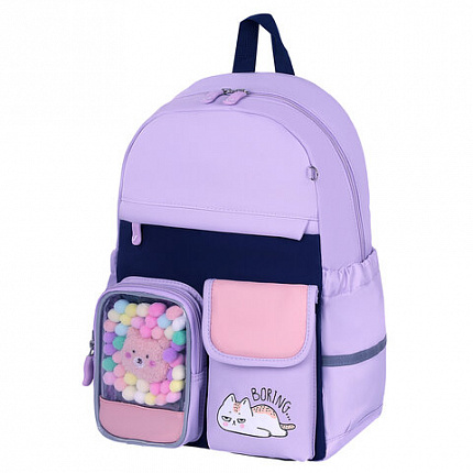 Рюкзак BRAUBERG PASTEL с термонашивками в комплекте, "Lazy cat", сиреневый, 40х29х14 см, 271422
